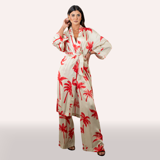 Coordinato Icona beige con stampa a fiori kimono