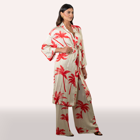 Coordinato Icona beige con stampa a fiori kimono